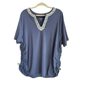 Lands End Embroidered Swimsuit Cover-Up 3X 24W-26W Navy Blue Short Sleeve Boho